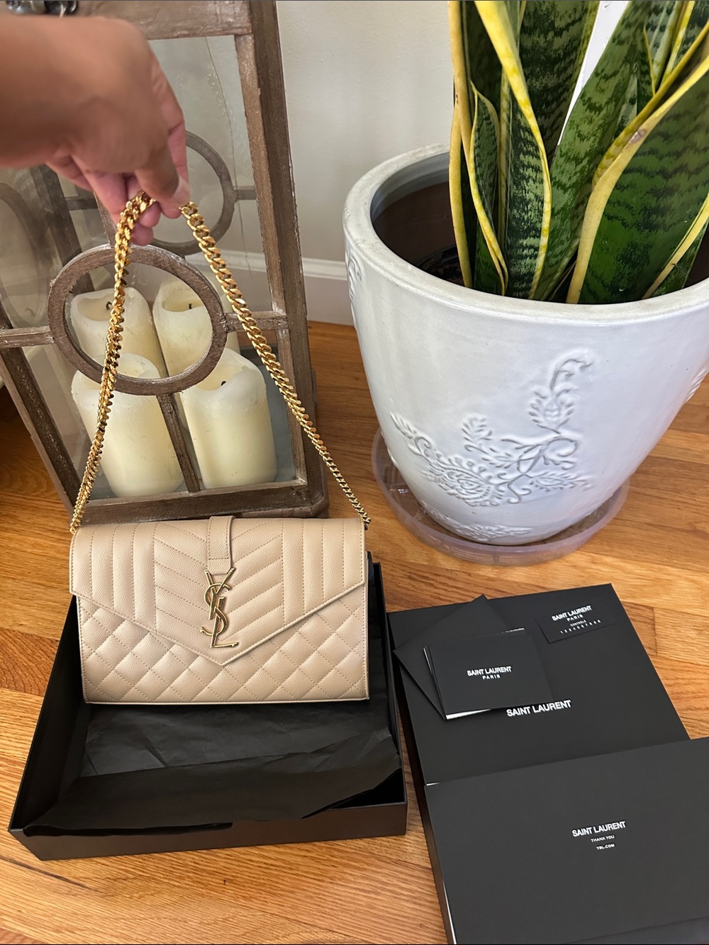 Yves Saint Laurent Beige Quilted Leather Envelope Chain Wallet - Picture 9 of 13